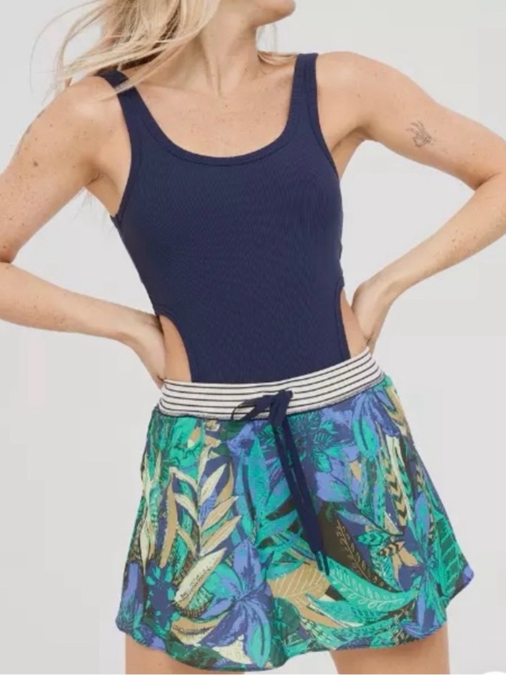 Offline by Aerie cutout Floral Tropical Print Drawstring dress- Blue/Green